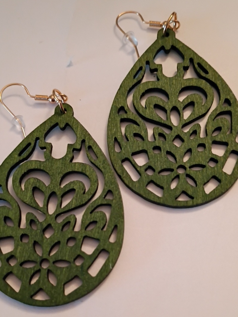 Sale Green Laser-Cut Teardrop Wood Earrings
